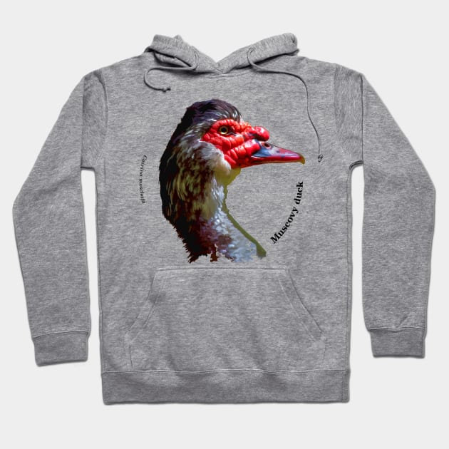 Muscovy duck head pin black text Hoodie by Ornamentum